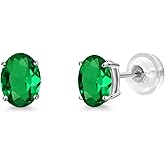 Gem Stone King 14K White Gold Green Nano Emerald Stud Basket Setting Earrings For Women Men (1.20 Cttw, Gemstone May Birthstone, Oval 7X5MM)