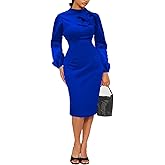 Richlylian Women's Church Dress Bishop Sleeve Bow Knot Work Casual Elegant Cocktail Party Pencil Midi Dresses