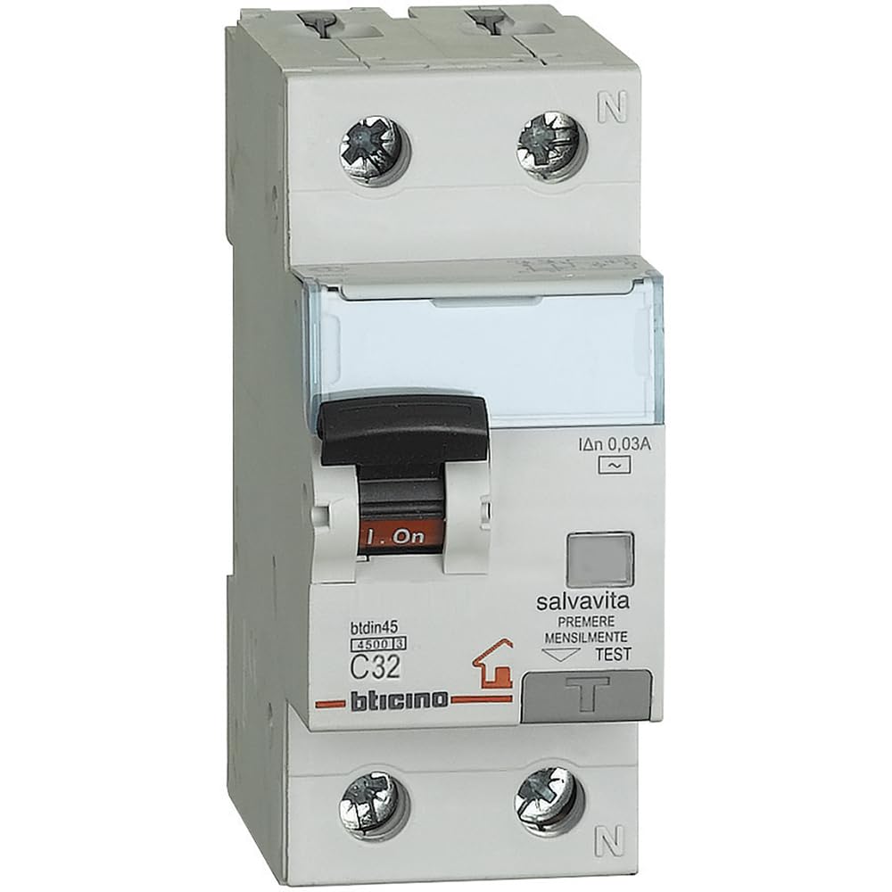 BTicino BTDIN Thermal-Magnetic Differential Circuit Breaker 1P + N, 4.5 kA, IDN = 0.03 A, GC8813AC32