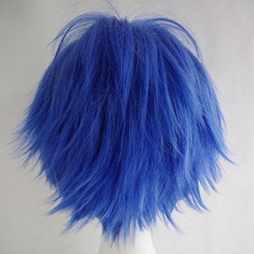Women Mens Short Fluffy Straight Hair Wigs Anime Cosplay Party Dress Costume Wig (Dark Blue)