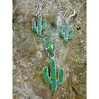 ZaikaHome Saguaro Cactus 925 Gaspeite and Opal Vibrant Green Pendant Earrings 3pc Set K