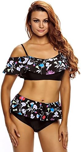 TOREEP Womens Fashion Dark Floral Print Ruffle 2pcs Swimsuit(Size,2XL)