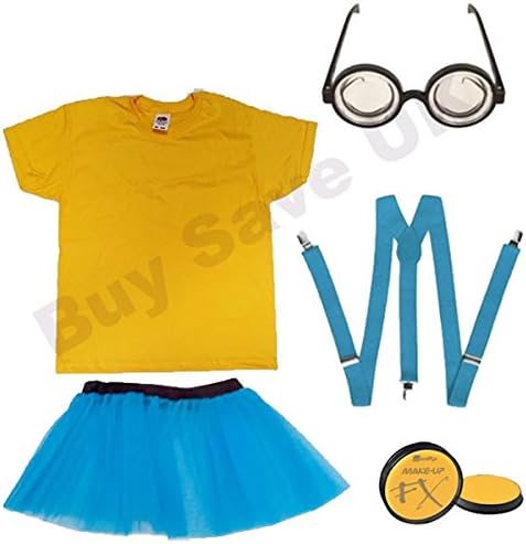 Childrens Kids Girls Yellow T Shirt, Face Paint, Blue Braces, Goggles Glasses & Skirt Fancy Dress Costume (7-8 years)