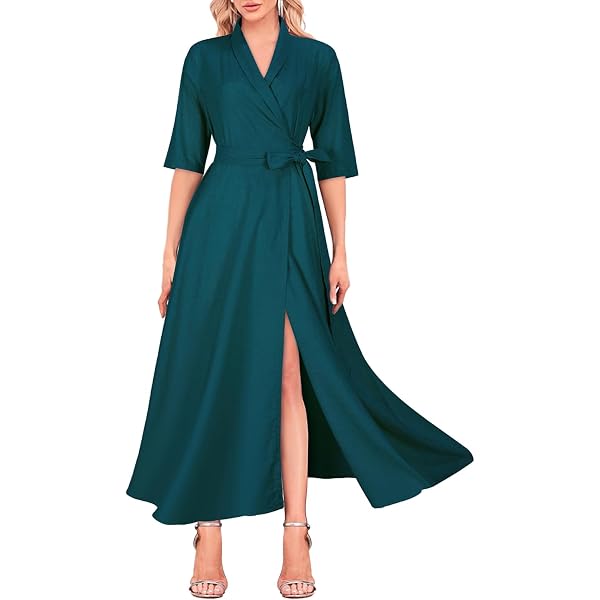 Solid Color Linen Wrap Dresses for Women Loose Deep V Neck Casual Cotton  Dresses Trendy Short Sleeve Summer Dresses Plus Size Tie Belted High  Waisted Midi Length Dress with Pockets S at