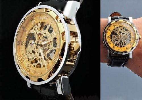 ABASSKY Men‘s Black Leather Gold Dial Skeleton Mechanical Sport Wrist Watch