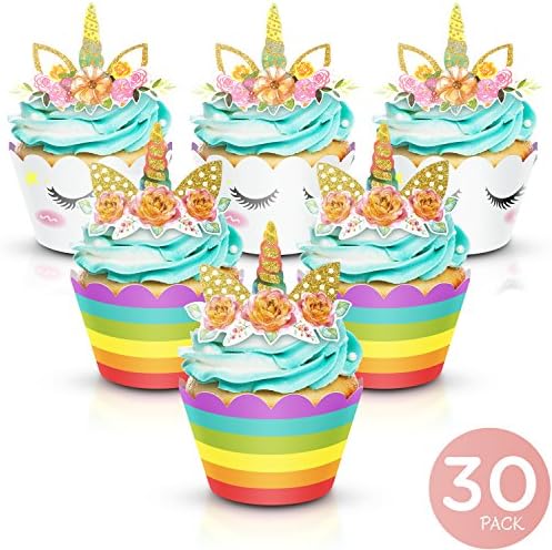 Augmist Unicorn Cupcake Toppers and Wrappers - Party Supplies for Birthday, Baby Shower, Valentine, Baby Shower - Double-Sided Glitter Design Cake Decorations. 30 Pairs