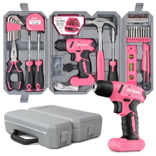 Hi-Spec 58 tlg. Werkzeugkoffer in Pink. Akkuschrauber Werkzeugkasten Werkzeugset : Werkzeugkoffer gefüllt mit 8V Akkubohrer - Werkzeug für Frauen Haus