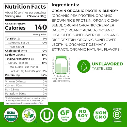 Orgain Organic Vegan Protein Powder, Natural Unsweetened - 21g of Plant Protein, 4g Prebiotic Fiber, Low Net Carbs, No Lactose Ingredients, No Added Sugar, Non-GMO, For Shakes & Smoothies, 1.59 lb