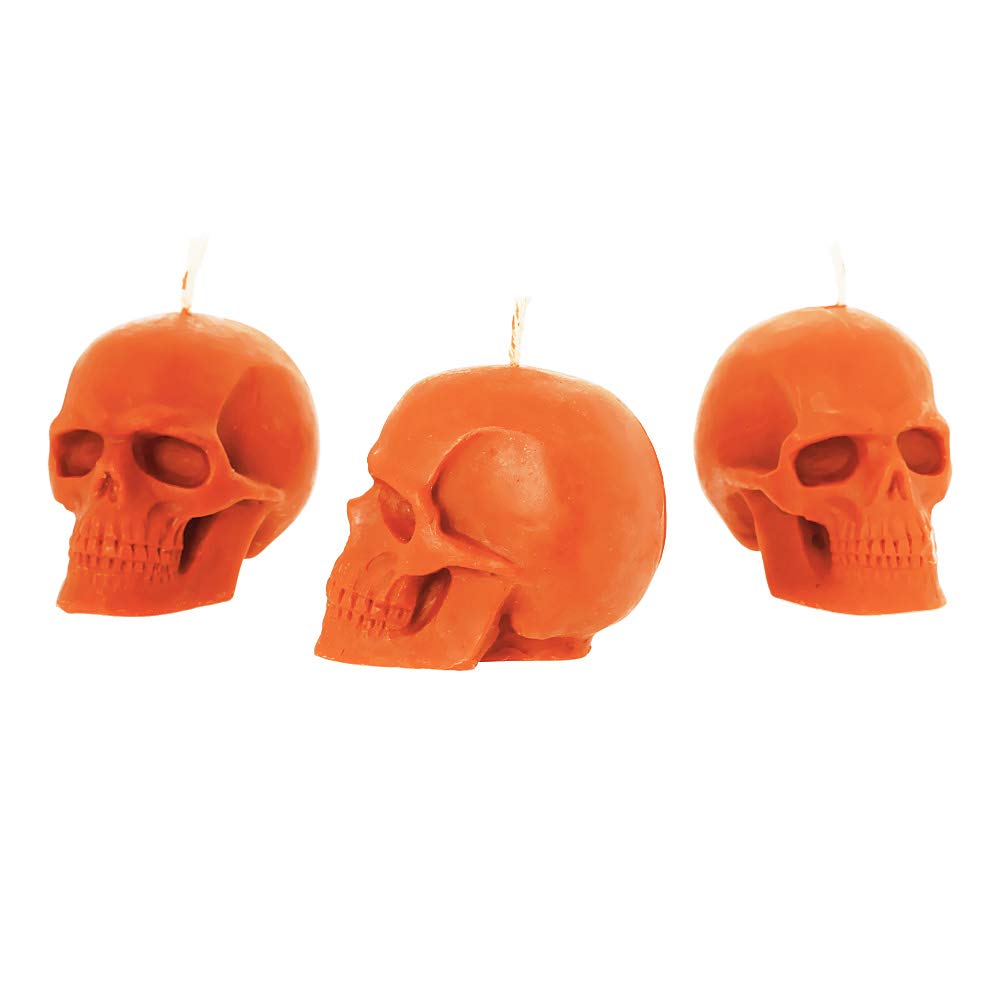 NKlaus 3X Candle Set Skull Orange Made of Organic Pure Beeswax Gothic Candle Colourful Figurine Candle Skull Halloween Ritual Candle drip Candles 36356