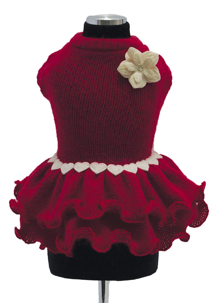 Trilly Tutti Brilli Lalie Wool Dress with Flower Brooch and Swarovski Rivet, 2X-Small, Red