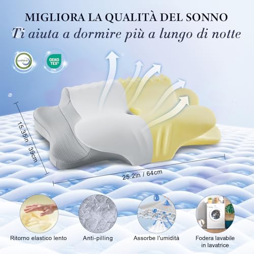 KOOTETA Cuscino Cervicale Memory Foam, Cuscino Ortopedico per Dormire con Supporto per Collo e Spalle, Doppia Altezza 10/13 cm, Federa Traspirante Sfoderabile Lavabile, 64x39 cm, Grigio Chiaro