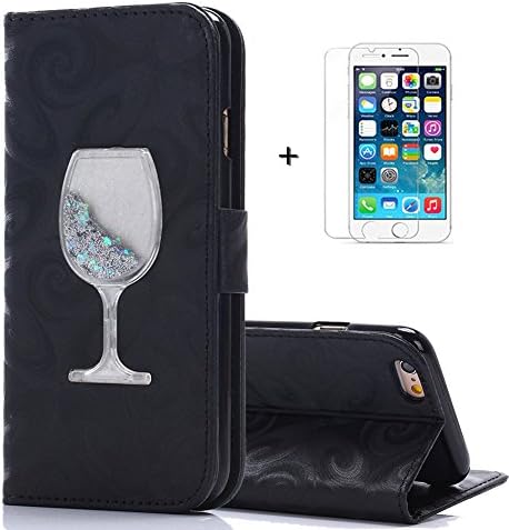 Iphone 6s Plus Wallet Case,Gritter Sparkle Flowing Liquid Quicksand 3D Wine Cup Pu Leather Wallet with Kickstand Card Holder and Screen Protector for Iphone 6/6s Plus 5.5 Inch (Black)