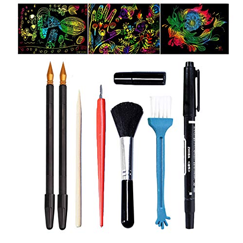 Migavan Scratch Art Paper,Scratch Art Tools Set with Scratch Coloring Pen Bamboo Sticks Scraper Repair Scratch Pen Black Brush 8PCS