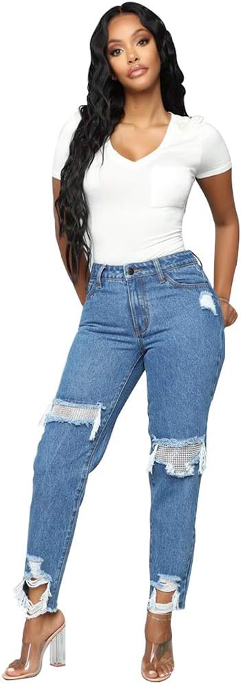 Hopin Womens Ripped Jeans Slim Fit High Waisted Skinny Jeans Cut on Knee with Tassels Ankle Length Trousers