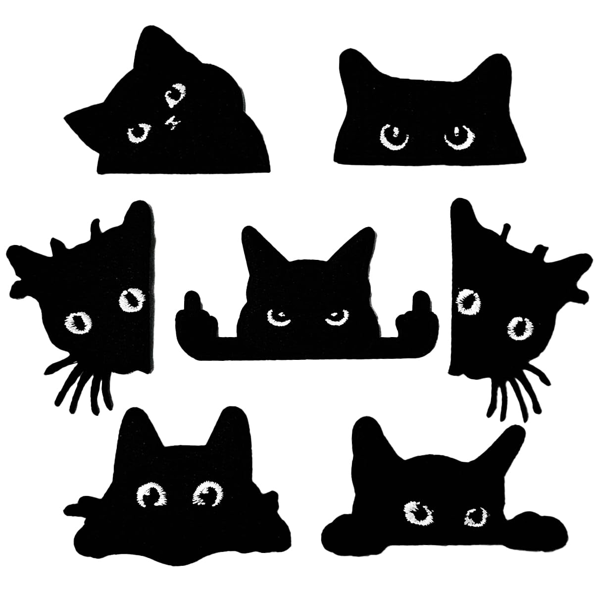 Photo 1 of Cute Black Cat Peeking Design Iron-On Patches, Kawaii Halloween Embroidered Patches, Set of 7 Decorative Cartoon Kitten