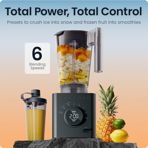 Chefman Obliterator 1.2L Smoothie Blender 1380W, Crushes Ice & Frozen Fruit | Stainless Steel Blade, Auto Blend, 600ml Travel Jar, Midnight