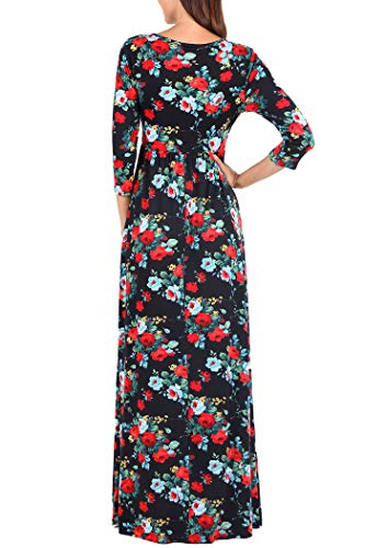 Comila Long Dress with Flutter Sleeves, Bohemian Floral Print Maxi Dress Petite Summer V Neck Wrap Long Dress Empire Waist Slimming Flattering A Line Dress Black/Red/Green L (US 12-14)