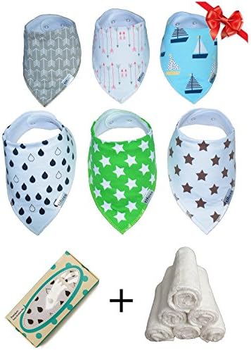 Baby Bandana Drool Bibs for Boys and Girls with Washcloth included - Super Soft and Absorbent 100% Organic Cotton Unisex 6 Pack Gift Set for Drooling and Teething