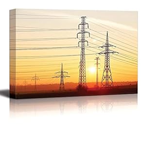 Beautiful Scenery of Electricity Pylons Electric Power Towers at Sunset - Canvas Art Wall Art - 12" x 18"
