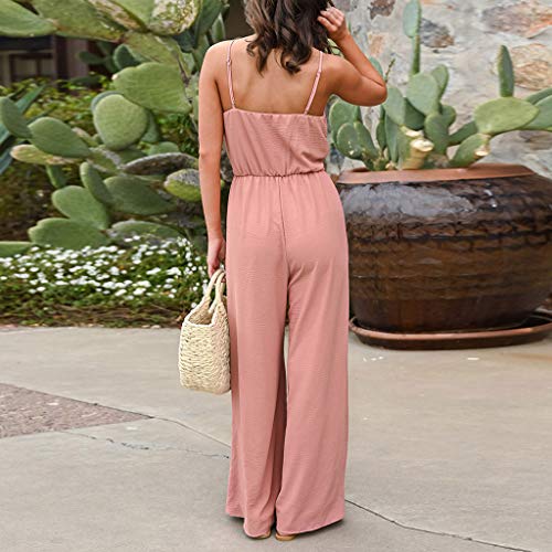 Women's Casual Jumpsuit Romper, Knot Front Spaghetti Strap Sleeveless Wide Leg Long Pant Playsuit Pink