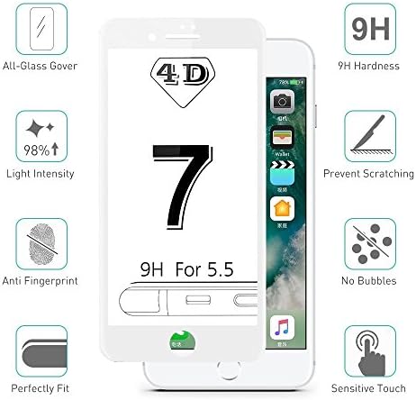 iPhone 7 Plus Screen Protector Tempered Glass Film 4D Edge To Edge Full Coverage Curve Protection Protectors by RICKI (iPhone 7 Plus White)