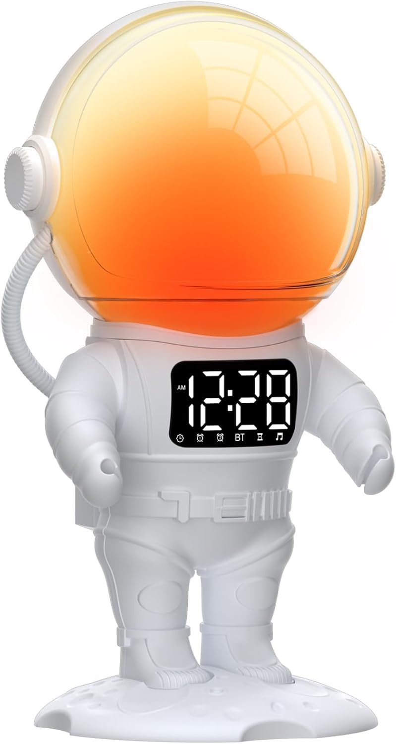 AFEXOA Astronaut Sunrise Alarm Clock for Kids, White Noise Sound Machine with 30 Soothing Sounds, 22 Dimmable Nightlights, Bluetooth Speaker, Dual Alarms, Wake Up Light for Bedroom, Adults(White)