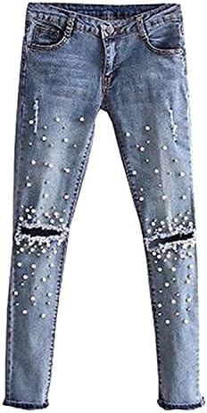 Women Fashion Destroyed Ripped Blue Jeans Pearled Slim Denim Pants Boyfriend Jeans 2017 New Woman Trousers,26
