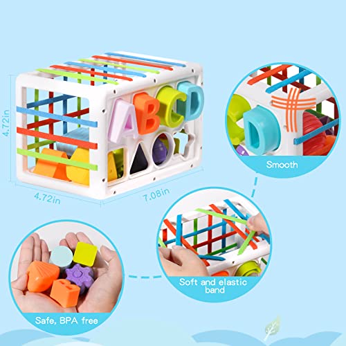 Baby Shape Sorting Toy, 2 in 1 Sensory Shape Bin with Colorful Elastic