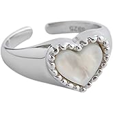 Vintage Heart S925 Sterling Silver Ring for Women Girls Dainty Engagement Promise Love Expandable Open Finger Statement Stacking Rings Adjustable Fashion Valentine Mother's Anniversary Jewelry (Shell Pearl)