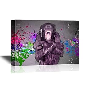 Canvas Wall Art - Chimpanzee Listinging to Music Funny Animal Concept - Gallery Wrap Modern Home Art | Ready to Hang - 12x18 inches