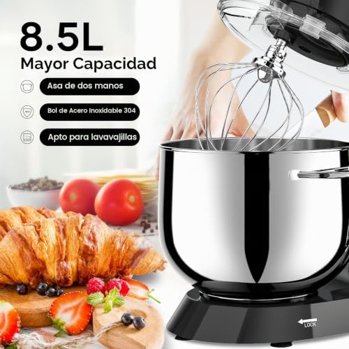 Vezzio 8.5L Professional Pastry Mixer 1500 W 6 Speeds Kitchen Robot Mixer Multifunction Low Noise Stainless Steel Bowl, Kneader, Whisk and Rods (Black)