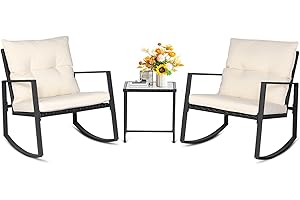 SUNCROWN 3 Piece Outdoor Rocking Bistro Set Black Wicker Furniture Porch Chairs Conversation Sets with Glass Coffee Table, Beige