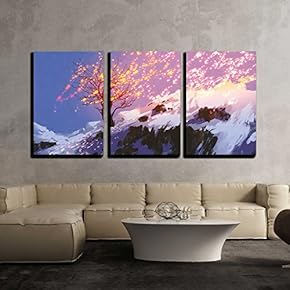3 Piece Canvas Wall Art - Fantasy Landscape Showing Bare Tree in Winter with Glowing Snow - Modern Home Art Stretched and Framed Ready to Hang - 16"x24"x3 Panels
