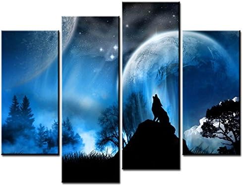 Canvas Print Wall Art Painting - 4 sets pictures of Wolf Moon Darkness Calming Black Fantasy Ultra Paintings - The Picture For Living Room Decoration,City Pictures Photo Prints On Canvas