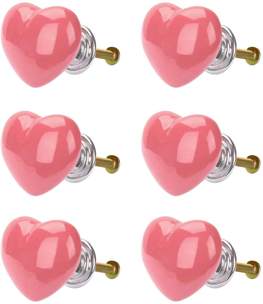 POFET 6pcs Heart-Shaped Dresser Drawer Cabinet Knobs Vintage Door Handle Ceramics Furniture Pulls for Kitchen Wardrobe Cupboard Kids Room Decorative - Pink