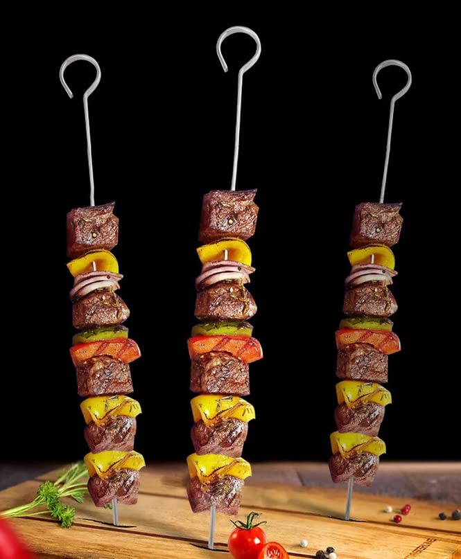 Re-usable Metal BBQ Skewers Stainless Steel, 35cm x 10 PCS Kebab Skewers Metal Skewers for Barbecue Kebab, and Fruits (10x35cm)