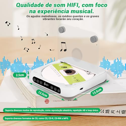 135 x 135 x 25 mm, Mini CD Player Portatil, 2000mAh, Pode Ser Levado com Você, Compatível com Fones de Ouvido Toca CD, Alto-Falantes Duplos Integrados