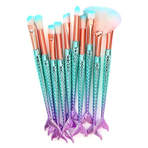 Gocheaper 10/11 PCS Mermaid Makeup Brush Set,Foundation Eyebrow Eyeliner Blush Cosmetic Concealer Brush Kit (10 Multicolor Mermaid)
