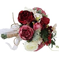Danyerst 7 Colors Vintage Roses Artificial Flowers Fake Bouquet with Linen Rope Bowknot Bridal Bridesmaid Wedding Floral Arrangements Home Office Yard Party Hotel Decorations Gift (Wine Red)