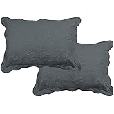 XSlive Solid Color 100% Cotton Quilted Pillow Shams Set of 2 Floral Embroidery Bed Pillow Shams Soft Pillow Covers Queen Size (Dark Gray,20"x28")