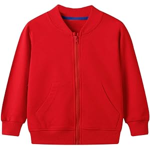 Boys Girls Ribbed Collar Full Zip Varsity Jacket Baseball Sweatshirt Plain Bomber Coat School Uniform Outerwear with Pockets