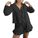 Xfileen Women Fashion 2 Piece Outfit Long Sleeve Tie Front Tops and Ruffled Shorts Cotton Pajamas Sets