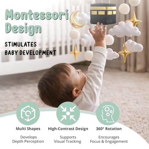Dua Baby Crib Mobile - Islamic Toy - Halal Baby Sleep Music with Soothing Duas & Surahs - Full Set with Sound Box, Remote, Cot Mobile Arm, Rotating Montessori Infant Crib Toys Hanging Muslim Gift