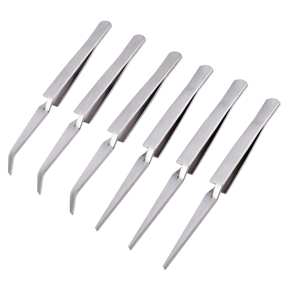 WANDIC Cross Locking Tweezers Bent & Straight Reverse Action Stainless Steel DIY Jewelry Hobby Craft Tool, 6 PCS