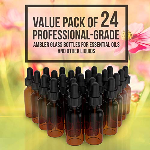 24 Pack Essential Oil Bottles - Round Boston Empty Refillable Amber Bottle with Glass Dropper for Liquid Aromatherapy Fragrance Lot - (1/2 oz) 15ml
