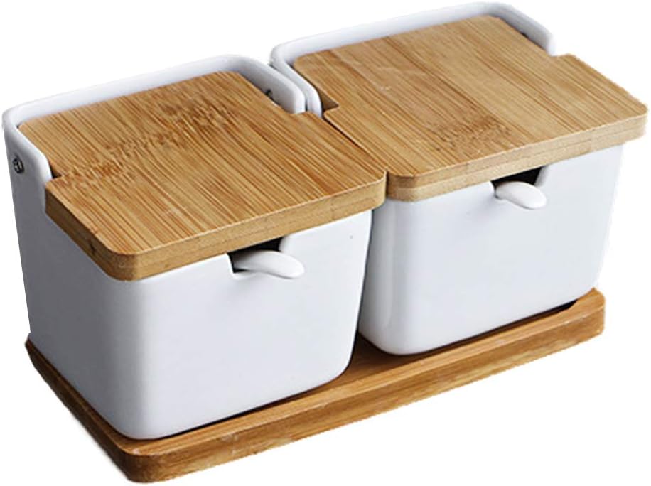 Ceramic Condiment Pot with Wood Tray, 2 Pcs White