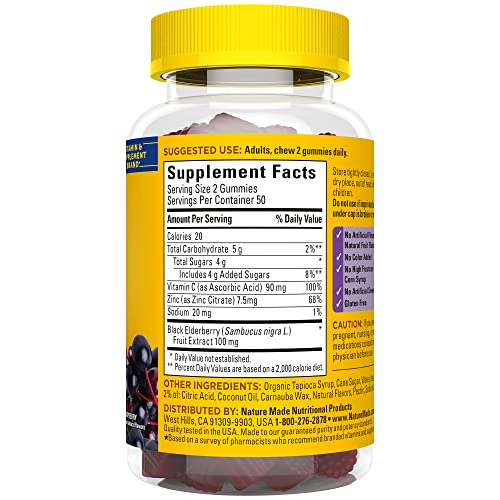 NATURE MADE ELDERBERRY WITH VITAMIN C AND ZINC, DIETARY SUPPLEMENT FOR IMMUNE SUPPORT, 100 GUMMIES, 50 DAY SUPPLY