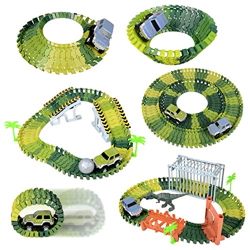 [Upgraded Version] Race Track Dinosaur World,Bridge Create A Road 144 Piece New Jurassic Park Toys & Flexible Track Playset,Two Toy Cars,Two Dinosaurs,Wooden Bridge,Cage, Plastic Roll Ball More Access - Thumbnail 2