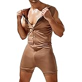 Crongless Men's Sexy Hoodie Jumpsuit,Party Sleeveless Sport Button-Down Short Slim Fit Elasticity Sleepwear XXL Black Grey