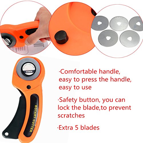 Rotary Cutter, Drillpro Rotary Cutter Blades 45mm, Rotary Cutter for Fabric, Sewing, Quilting, Rotary Cutter Tool + 5 Blades